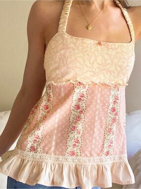 Handmade Pink Floral Patchwork Cotton Halter Top